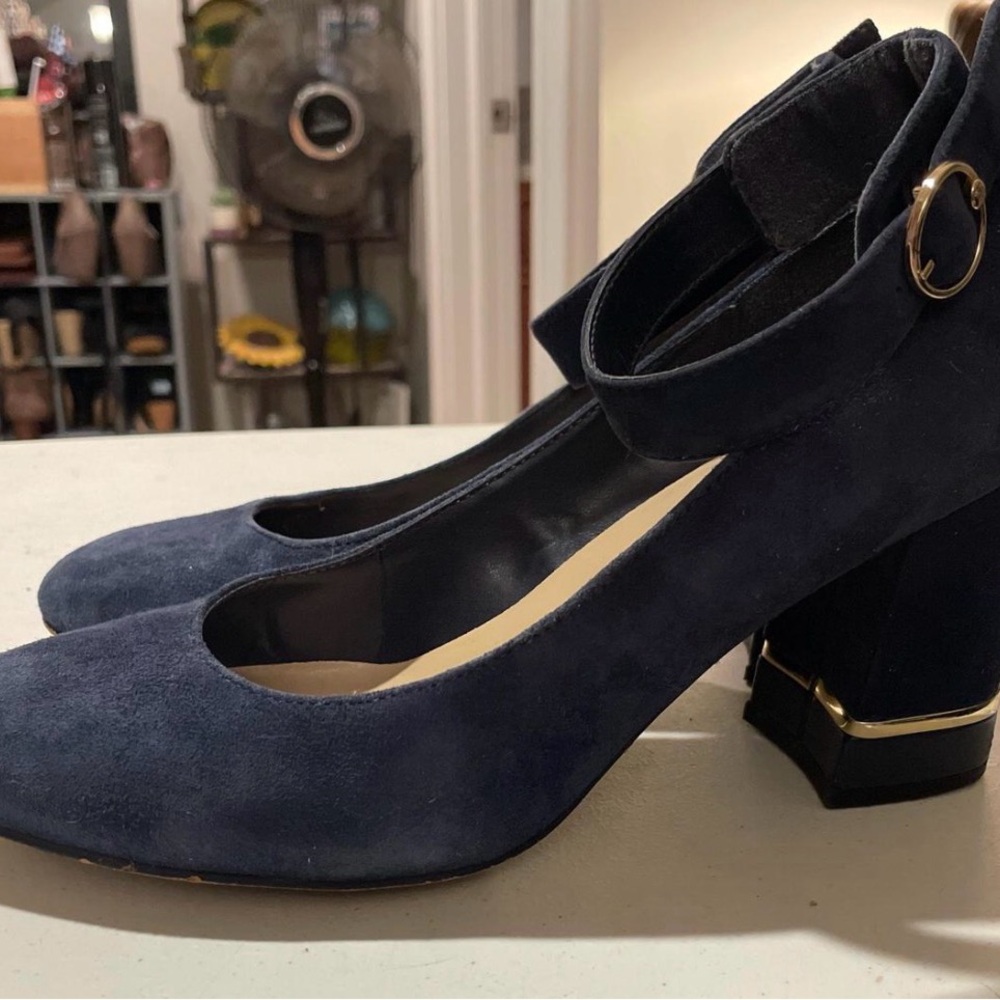 Suede Ankle-Strap Block Heel Pumps in Navy